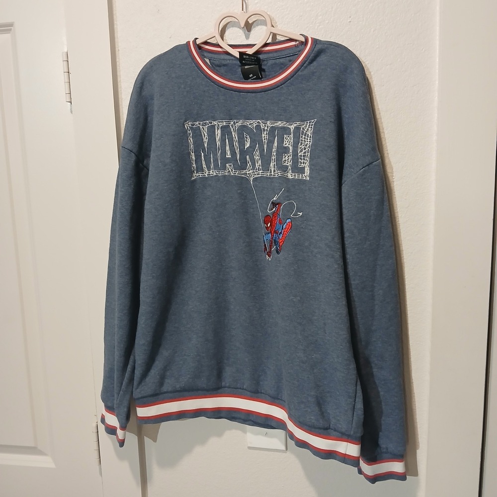 Marvel BoxLunch Spider-Man Embroidered Blue Striped Trim Sweatshirt MD